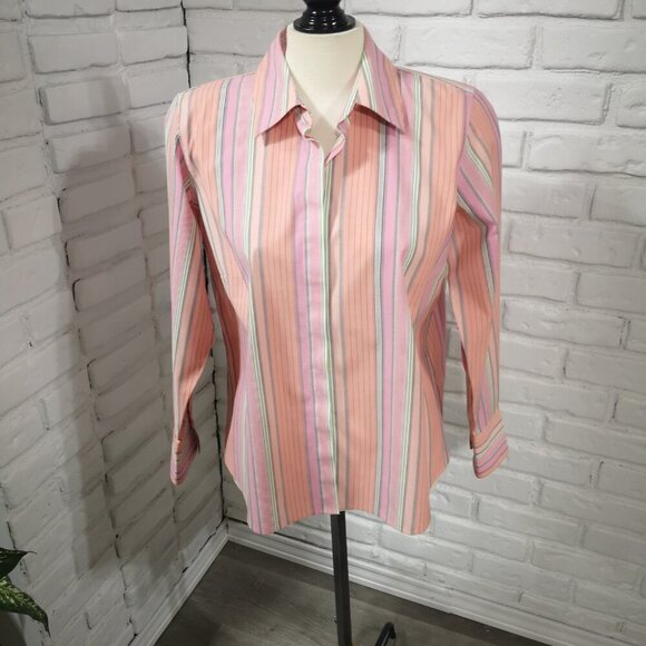Talbots Wrinkle Resistant Stretch Ladies Size 12P Multi Colored Striped Shirt - Picture 1 of 10